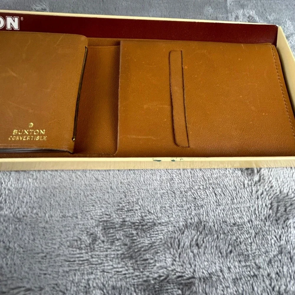 Vintage Buxton Convertible Tan Leather Wallet‎ Slim Bifold with Original Box